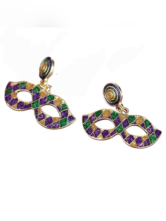Fashion Jewelry Jewelry - Mardi Gras Earrings Purple Green Gold Mask